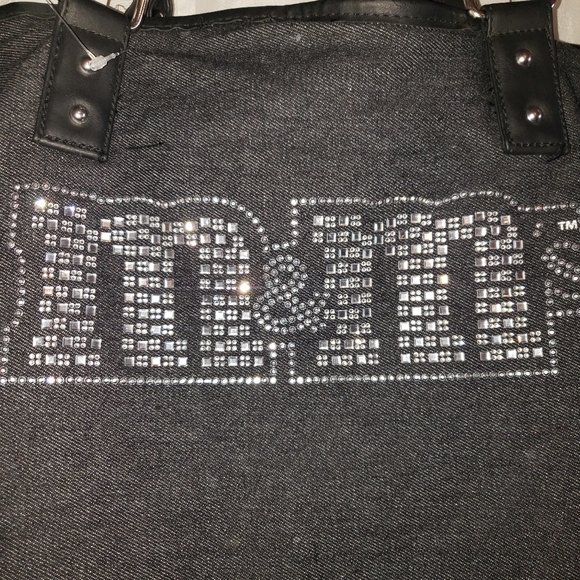 M&M NWT 2016 Black Denim Tote Bag with M&M in Shiney Studs Faux Leather Handle - Picture 2 of 9